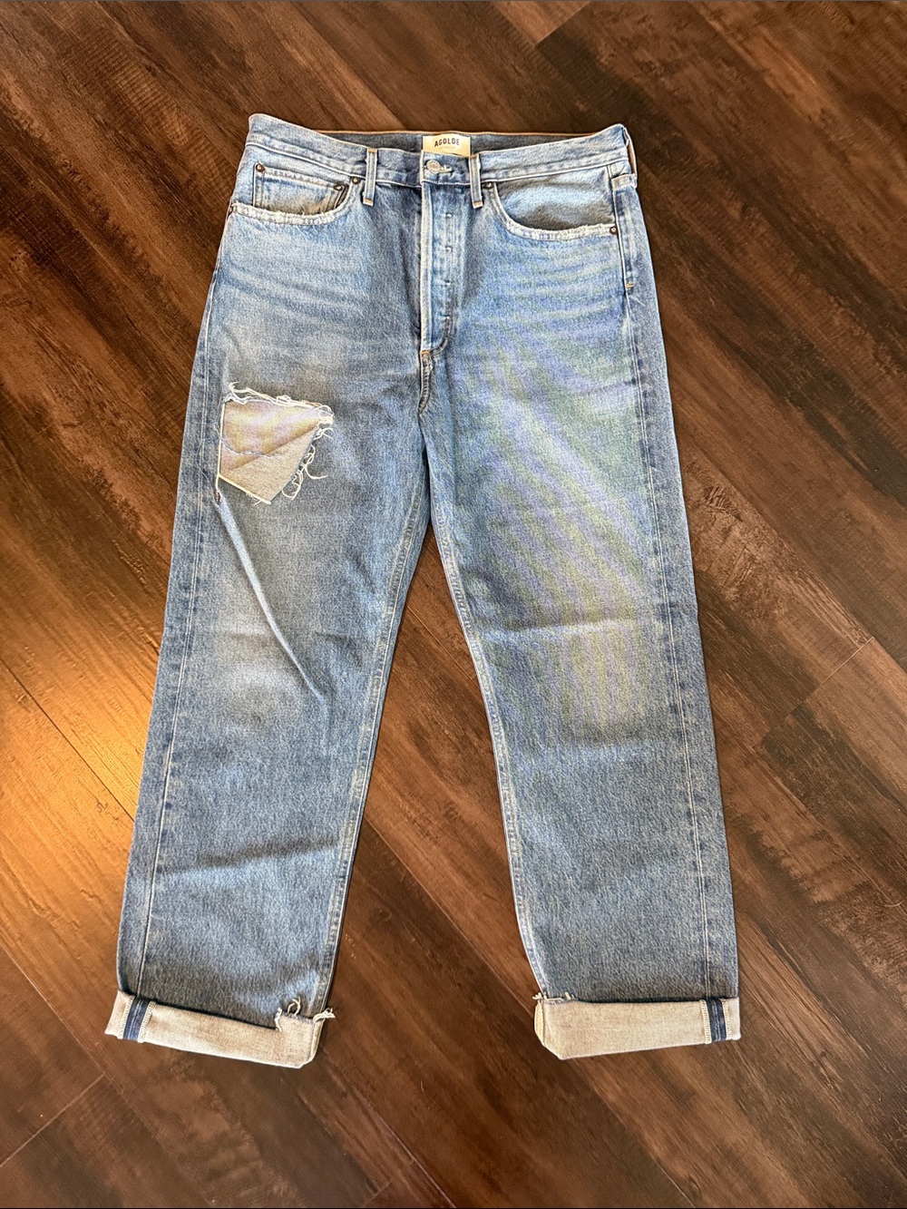 Agolde Light Blue Relaxed Straight Jeans with Patch